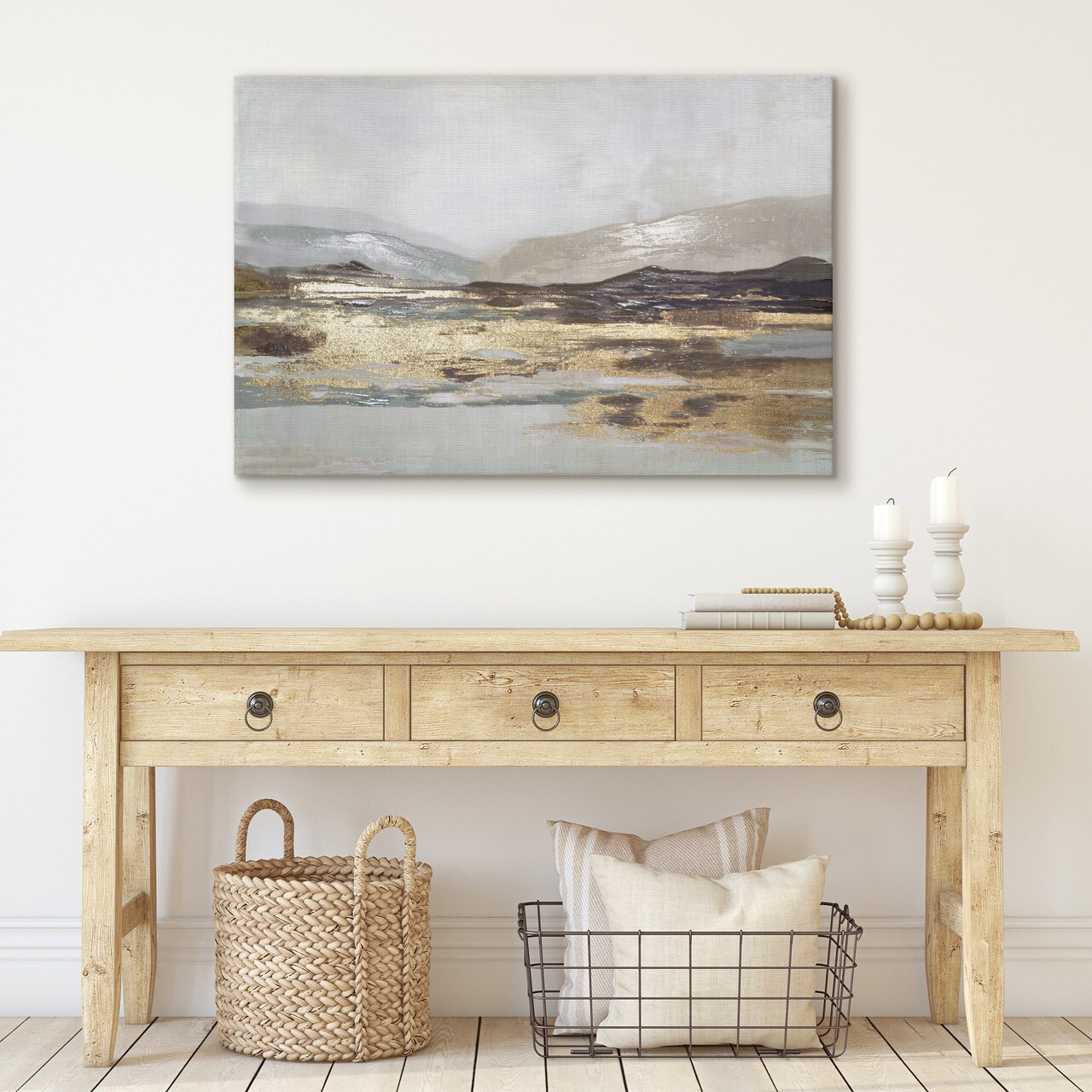 Americanflat Canvas Wall Art Featuring Beige, Brown, Blue and White Tones with Hand-Painted Accents and Gold Foil - Gallery Wrap - Landscape Wall Art